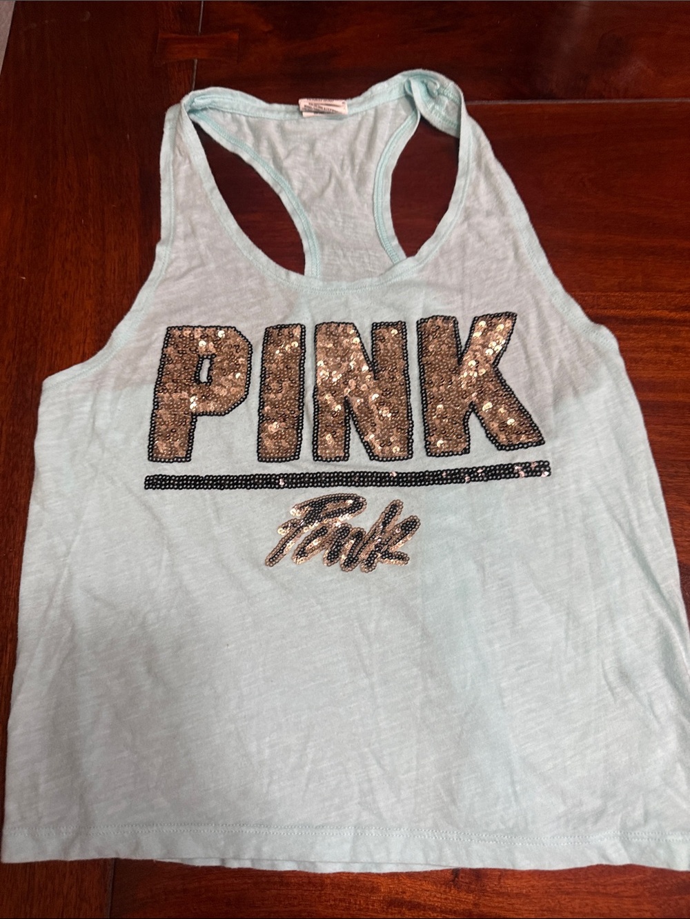 PINK Victoria's Secret Sequin Logo Racerback Tank in Light Aqua